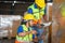 Warehouse workers with bar code scanner checking inventory, Forman worker scanning boxes in warehouse rack, Workers working in