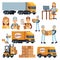 Warehouse workers cartoon vector characters - loader, delivery man, courier and operator