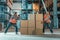 warehouse workers moving boxes while working together