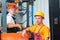 Warehouse workers in storehouse