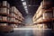 Warehousing Excellence A Glimpse into a Vast Industrial Warehouse Filled with Shelf Stacked Goods. created with Generative AI