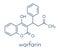 Warfarin anticoagulant drug molecule. Used in thrombosis and thromboembolism prevention. Skeletal formula.