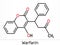 Warfarin, C19H16O4 molecule. Warfarin is an anticoagulant drug normally used to prevent blood clot formation. Skeletal chemical