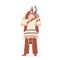 Warlike Indian American Character with Pigtails and Axe. Indigenous Warrior in Costume. Native Person in Tribal Dress