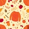 Warm autumn mood. Seamless autumn pattern knitted sweater, pumpkin, fall leaves, acorn, coffee, cinnamon, spices, tea, apple, pear