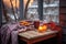 warm blankets and mulled wine on a wooden table outdoors