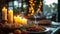 Warm candlelit setting with dates, traditional dishes, and a spirit of togetherness with copy space.