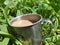 warm chocolate milk in an iron cup with a grass background