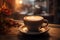 Warm Coffee Ambiance: A Perfectly Crafted Latte Amidst a Cozy, Illuminated Setting