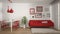 Warm and confortable colored white and red living room with dining table, sofa and fur carpet, potted plant and parquet floor,