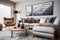 Warm and cosy living room interior design in grey brown and neutral colour, stylish modern contemporary livingroom. generative ai