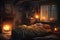 a warm, cozy bedroom with a crackling fire and soft music