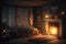 warm, cozy bedroom with fireplace and crackling fire on a cold winter night