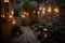 a warm and cozy garden with twinkling lanterns, surrounded by a stone wall