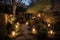 a warm and cozy garden with twinkling lanterns, surrounded by a stone wall