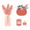 Warm and cozy. Illustration with cute things for home interior. Vase with pampas grass, pumpkin with flowers and aroma candle.
