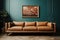 A warm and cozy interior with brown leather couch and canvas frames on the wall. Generative AI