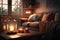 warm and cozy living room, with soft lighting and flickering candle flames, bringing a sense of calmness