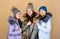 Warm embrace. girls in beanie. winter clothing fashion. faux fur down jacket. happy winter holidays. Friendship. flu and