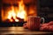 Warm fireside scene mug in a knitted mitten, creating magical coziness