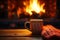 Warm fireside scene mug in a knitted mitten, creating magical coziness