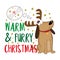 Warm and furry Christmas - happy greeting with cute dog in reindeer antler and with bone