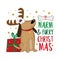 Warm and furry Christmas - happy greeting with cute dog in reindeer antler, and with christmas present and bone.