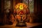 warm glow from ornate stained glass lamp