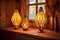 warm glow of stained glass lamps on a wooden table