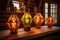 warm glow of stained glass lamps on a wooden table