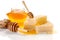 warm golden tones of honey jars, a buzzing bee\\\'s nest, and the smooth wooden curves of honey dipper