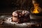 Warm and gooey chocolate lava cake with a molten center and fire on background. AI generated.