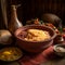 Warm and hearty bowl of Malawi& x27;s Nsima with meat and vegetables