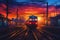 Warm hues of a setting sun glows on railway and train station generated by Ai