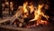 Warm and inviting home decor close up of neatly stacked firewood in front of a crackling fireplace