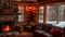 A warm and inviting living room filled with comfortable furniture and a crackling fireplace, A cozy, rustic log cabin with a