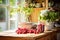 Warm kitchen scene with fresh raspberries and flowers by sunlit window, capturing a serene, country morning.