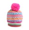 Warm knitted hat with pink pompom on background