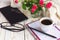 Warm knitted plaid, glasses, coffee, notebook, pensil and tablet