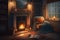 warm living room with fireplace and cozy blanket, perfect for evening reading