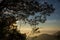 Warm morning sunrise on Ghober Hut campsite with view of mount Cikuray. Beautiful landscape of mount Papandayan. Papandayan