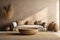 Warm neutral wabi sabi style interior mockup with low sofa, jute rug, ceramic jug, side table and dried grass decoration on empty