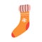 Warm orange sock with snowflake, vector flat illustration