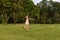 A warm photo of a little girl running bare foot on a green grass