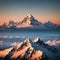 a warm pink and orange sunrise light over the Annapurna mountain range with beau...