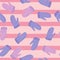 Warm purple colored mittens doodle shapes seamless pattern. Pink striped background. Xmas print