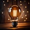 Warm Radiance: Glowing Incandescent Bulb on Wooden Floor with Bokeh Lights