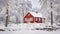 A Warm Red Wooden Abode Surrounded by the Tranquil Beauty of a Snowy Winter