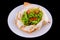 Warm salad in thin pita bread: beef, mushrooms, cherry tomatoes, Dijon mustard, cognac