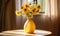 Warm Sunlight Illuminating a Yellow Vase with Fresh Flowers on a Wooden Table, Creating a Cozy, Inviting Home Interior Atmosphere